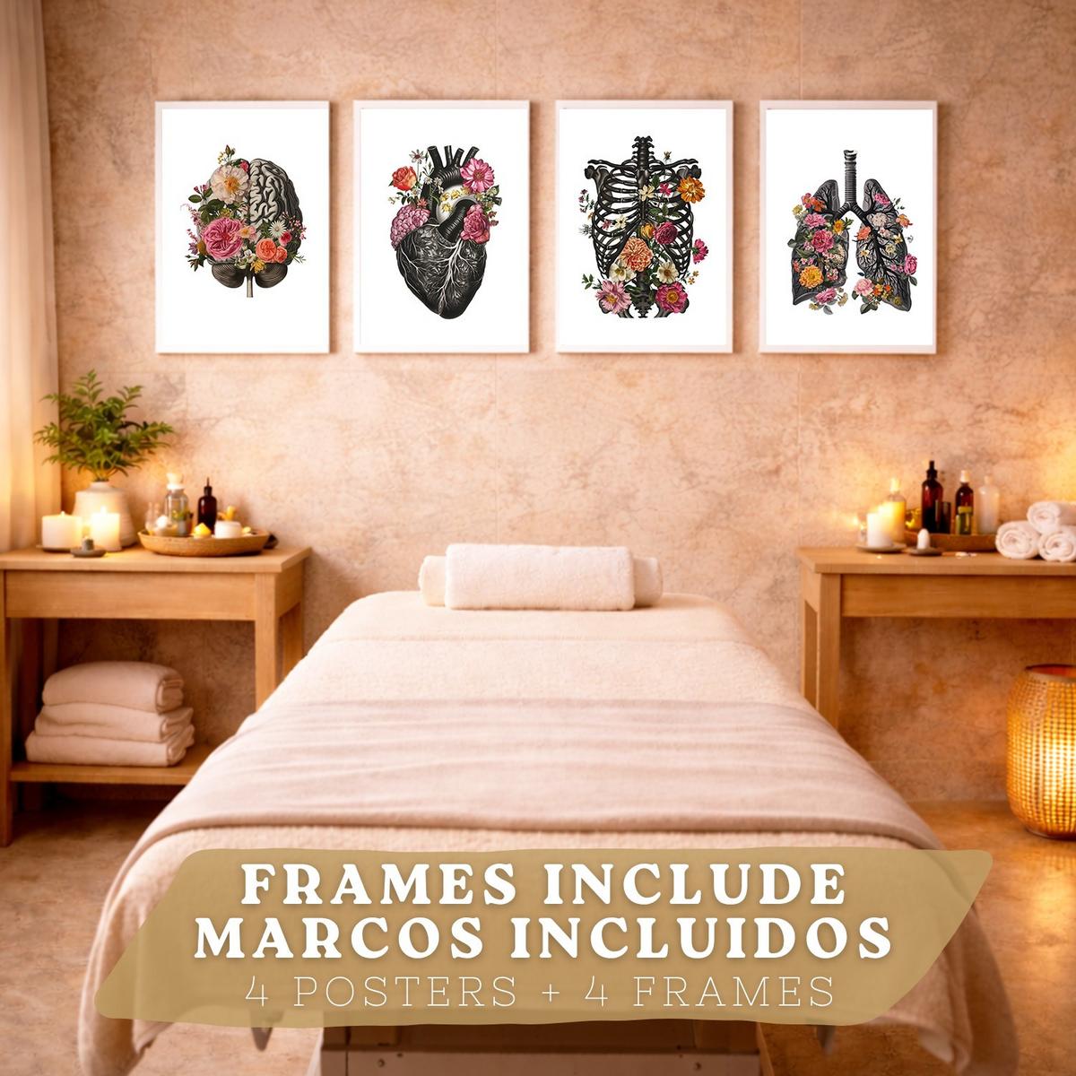 POSTER Set aus 4 Anatomie Drucke und Dekorative mit Gehirn Herz Lungen Atmungssystem Rippen Wirbelsäule Modernes Florales Größe Weißer Rahmen A4 - Weiß, Papier (21/29.7/3cm) - Nacnic