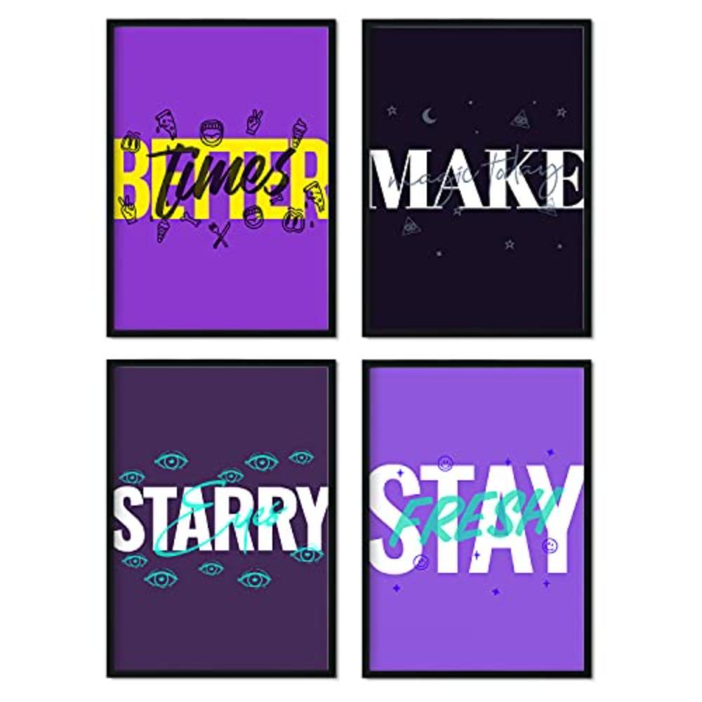 POSTER Set mit 4 lila Etikettendesign und Motivationsnachrichten A3 Schwarzer Rahmen - Schwarz, Papier (29.7/3cm) - Nacnic