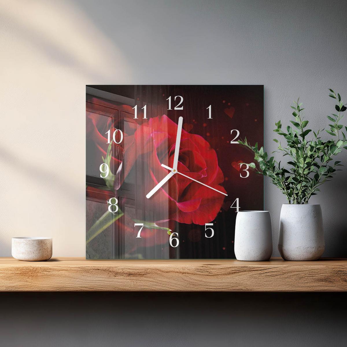 WANDUHR aus Glas 30x30 cm - Rosen - Rot, Glas (30/30/0.4cm) - TULUP