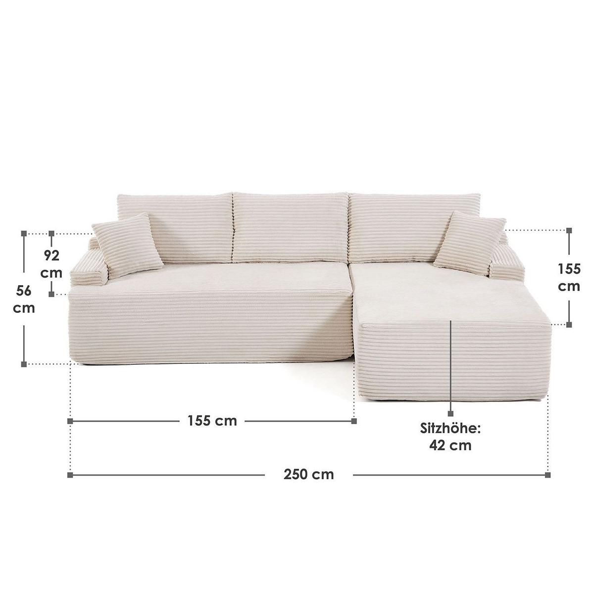 SOFA Coredo beige Cord - Beige, Textil (250/155cm) - Juskys