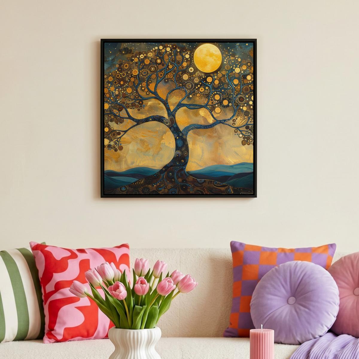 LEINWAND Bilder mit Rahmen - Baum - Mond - Blumen - Gold - Kunst - 50x50 - Orange, Textil (50/50cm) - MuchoWow