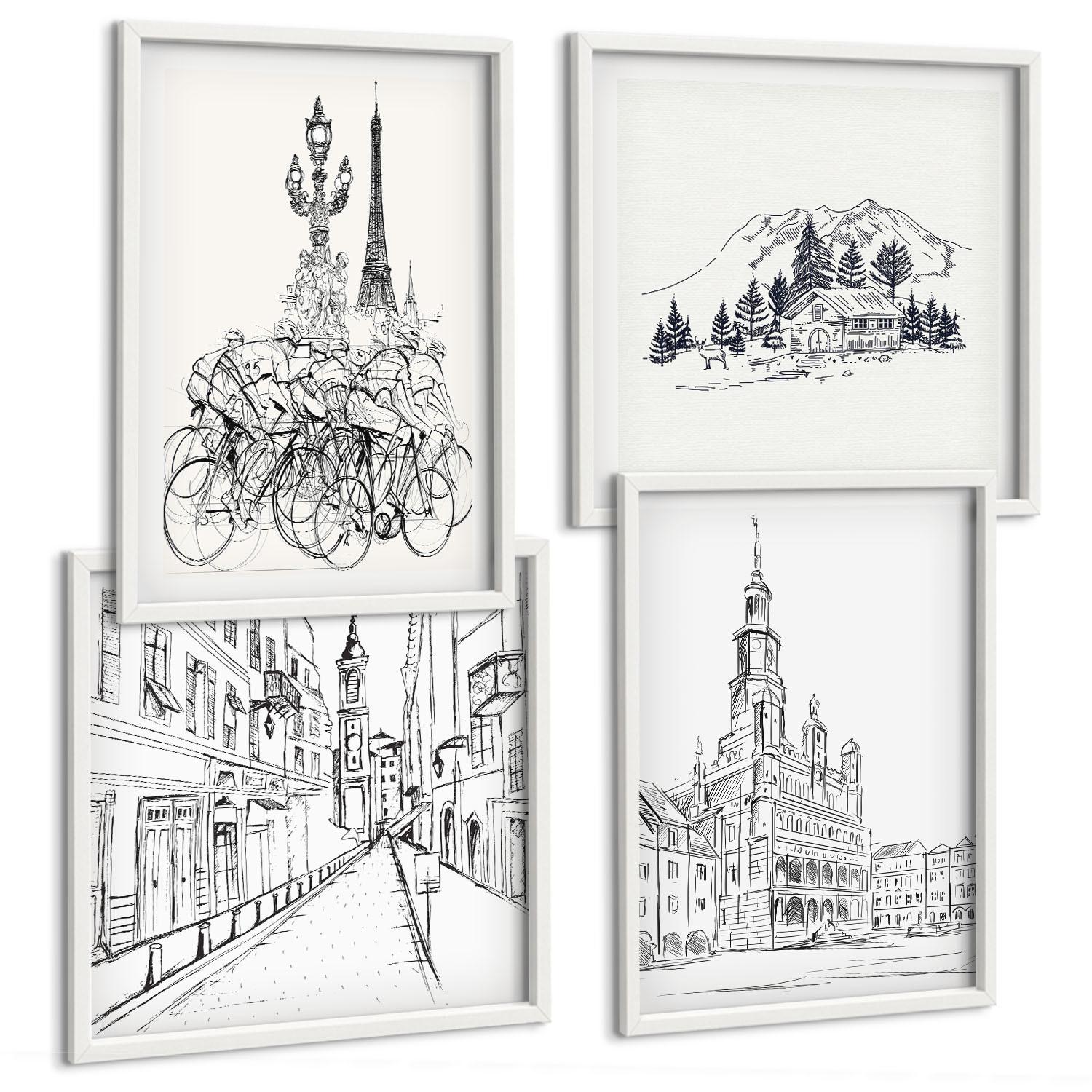 BILDER SET 4er Set - 50x50 cm & 40x60 cm Weißer Rahmen - Einfache Zeichnungen von Stadtansichten - Weiß, Kunststoff (50/50cm) - TULUP