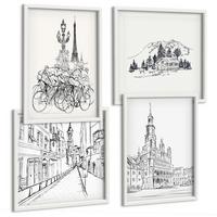 BILDER SET 4er Set - 50x50 cm & 40x60 cm Weißer Rahmen - Einfache Zeichnungen von Stadtansichten - Weiß, Kunststoff (50/50cm) - TULUP