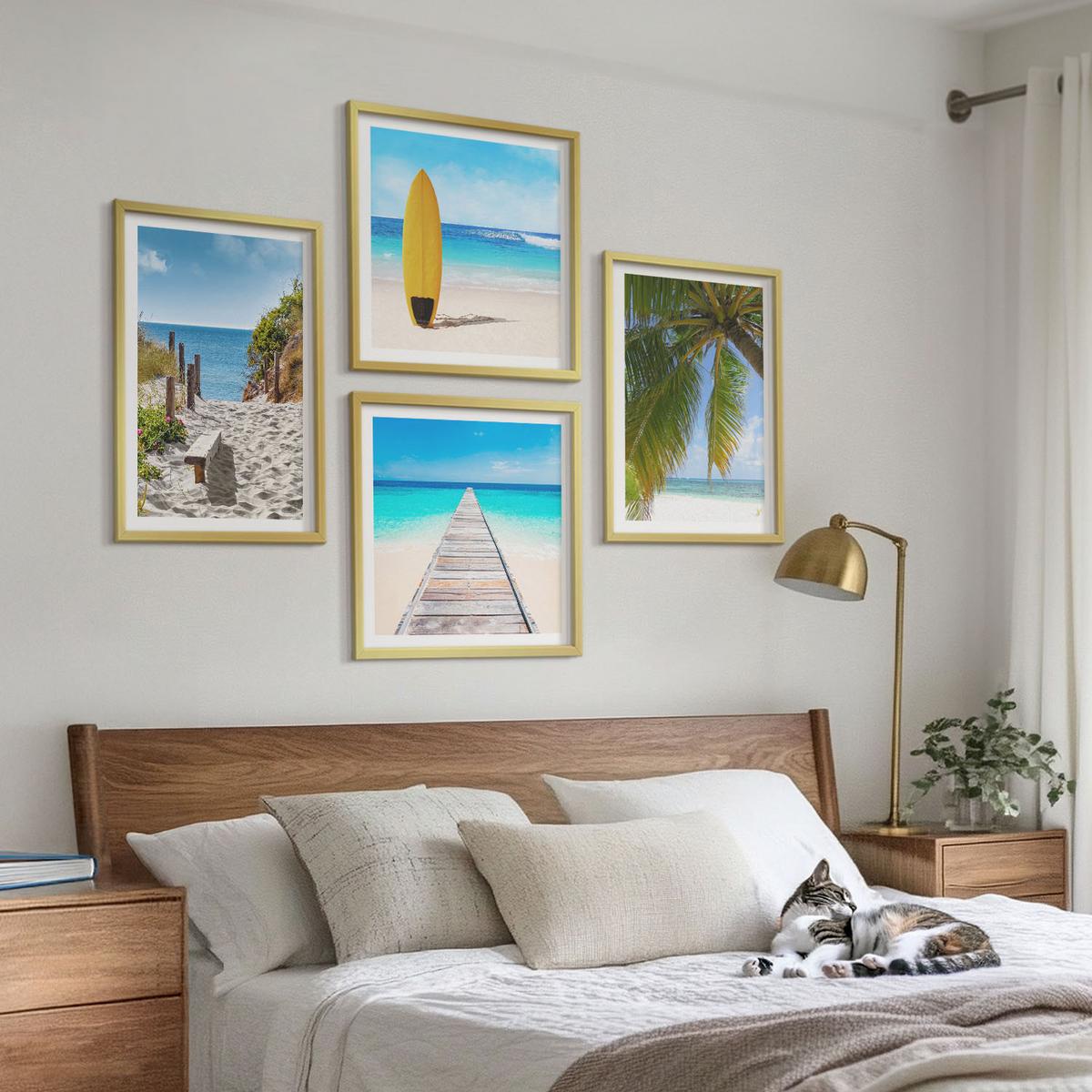 BILDER SET 4er Set - 50x50 cm & 40x60 cm Goldrahmen - Urlaubsblick Strand Palmen - Goldfarben, Kunststoff (50/50cm) - TULUP