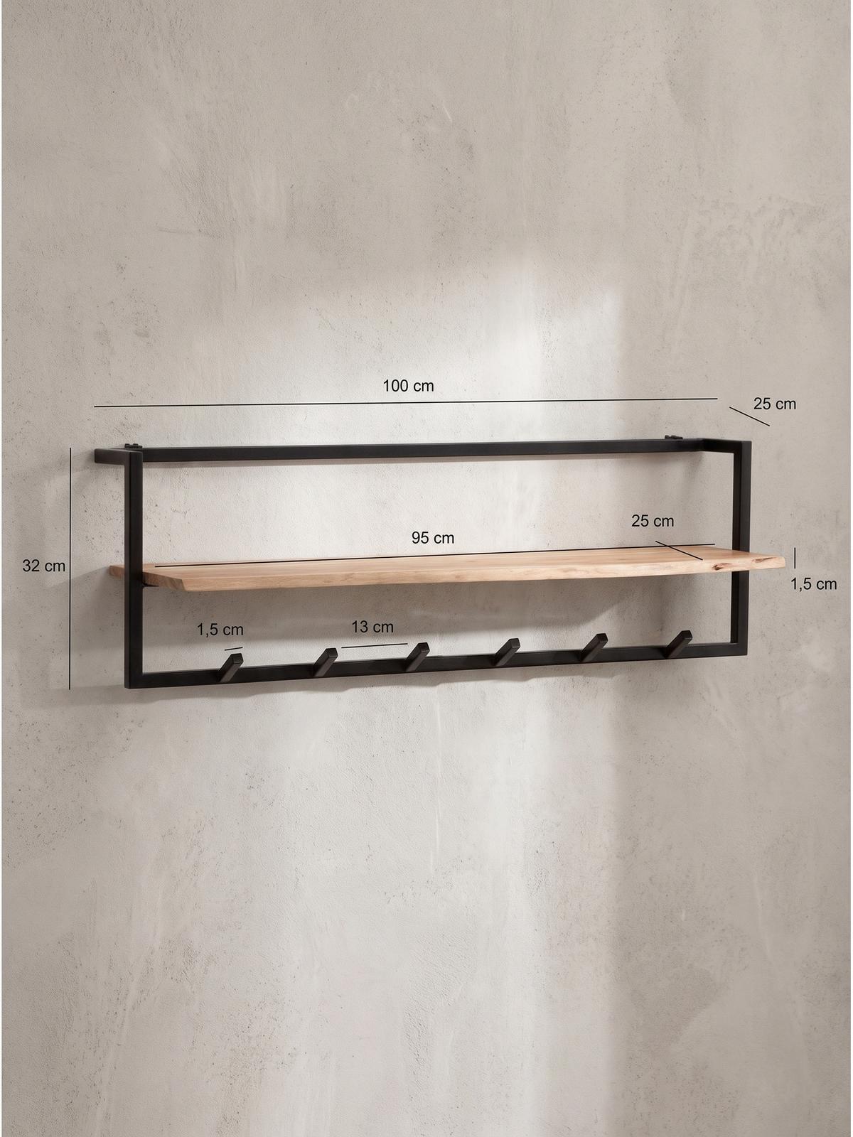 WANDGARDEROBE TIETAR, Akazie Massivholz, Akazie-Schwarz, 100 x 25 x 32 cm - Schwarz/Akaziefarben, Metall (100/32/25cm) - KADIMA DESIGN