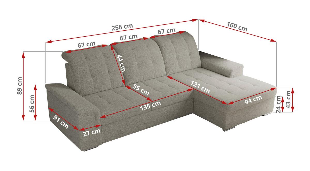 ECKSOFA MADRITO L - Hellgrau Boucle - Links - Silberfarben/Hellgrau, Textil/Metall (160/256cm)