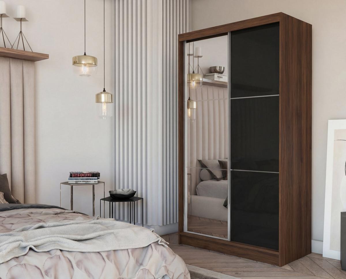 SCHWEBETÜRENSCHRANK VITALE 120/216/61 cm Modern Kleiderschrank 2-türig mit Spiegel Nussbaumfarben - Nussbaumfarben/Schwarz, Holzwerkstoff (120/216/61cm) - MASSENO