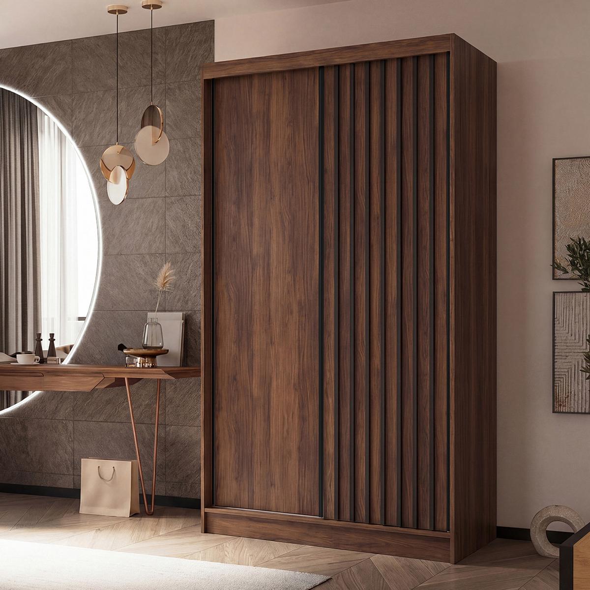 SCHWEBETÜRENSCHRANK Helios II mit Schubladen und Lamellen 120/216/61 Walnuss+Schwarz - Walnussfarben, Holzwerkstoff (120/216/61cm) - Beautysofa