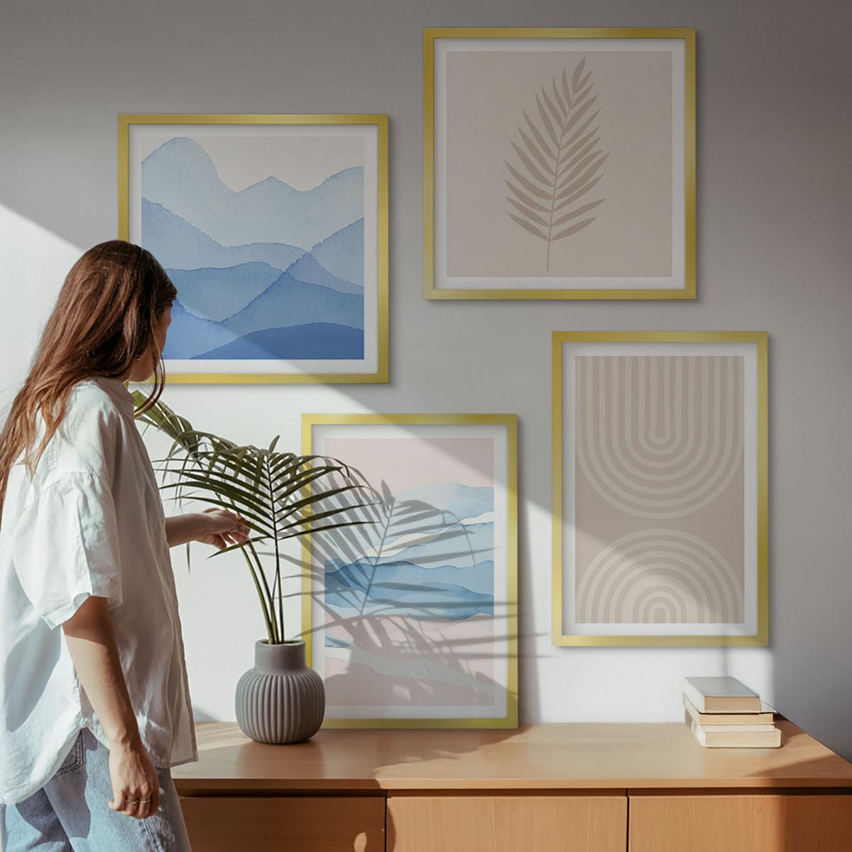 BILDER SET 4er Set - 50x50 cm & 40x60 cm Goldrahmen - Blätterwellen beige blau - Goldfarben, Kunststoff (50/50cm) - TULUP