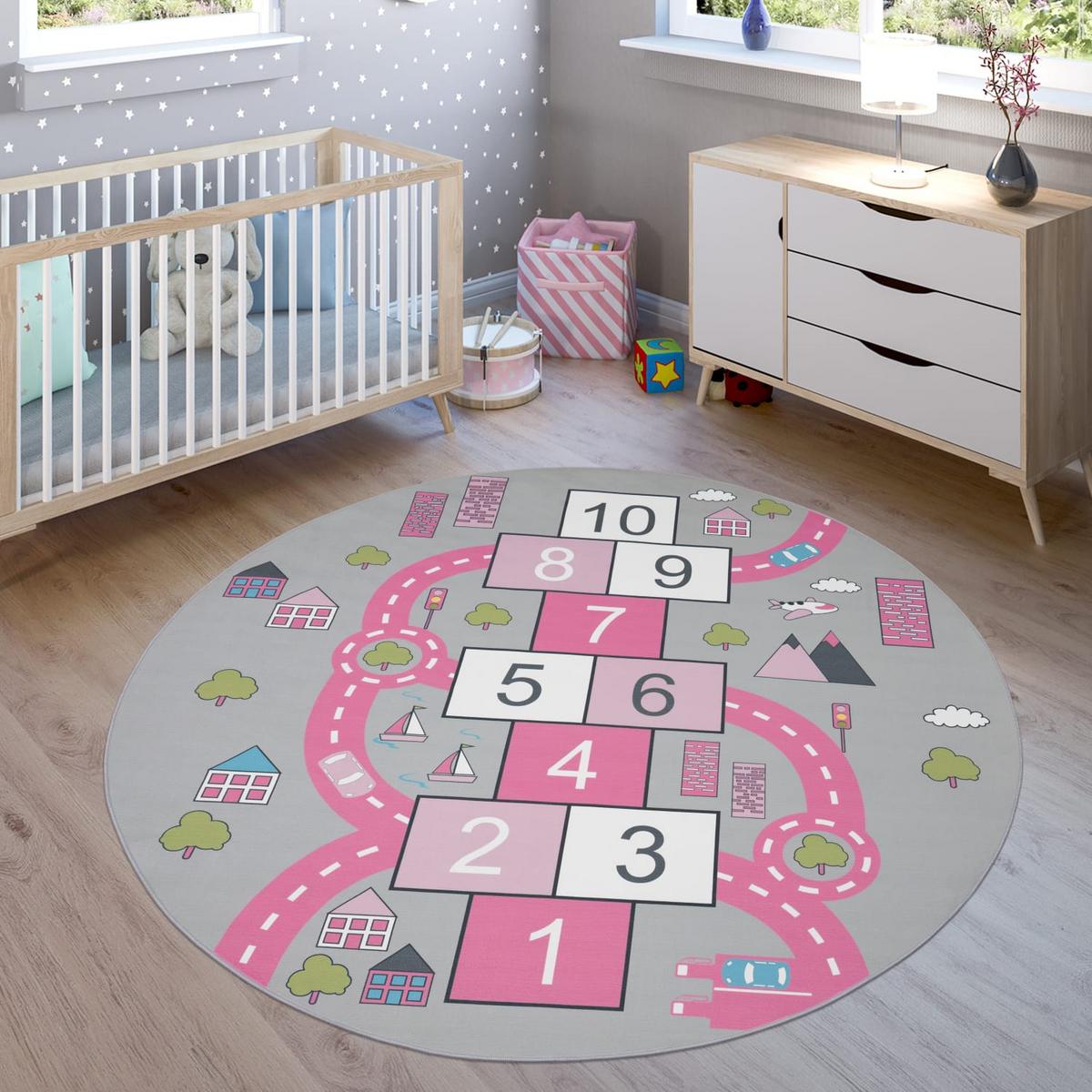 KINDERTEPPICH Waschbar, mit Hüpfkästchen-Motiv, Rosa, Ø 160 cm - Rosa, Textil (160/160cm) - KADIMA DESIGN