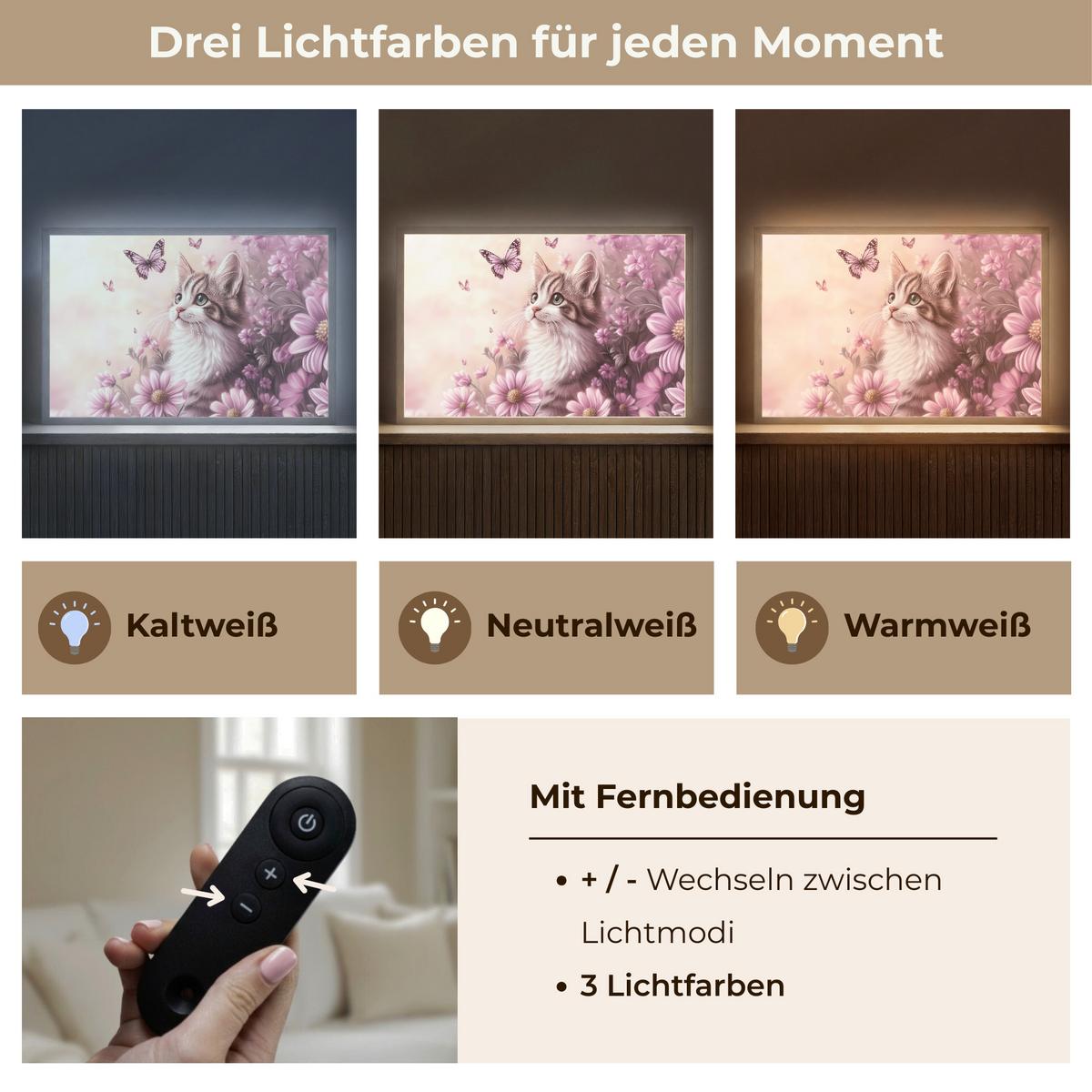 WANDLEUCHTE MIT AKKU Kätzchen - Blumen - Schmetterlinge - Lila 60x40 cm - Altrosa, Holzwerkstoff (60/40/8cm) - OnlyWow