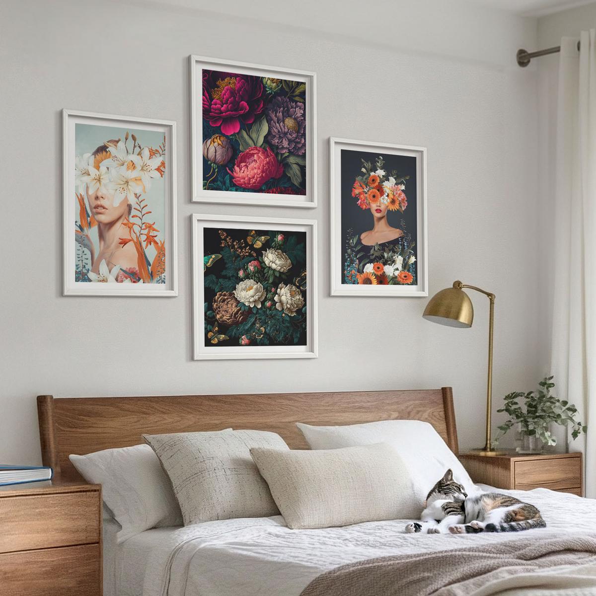 BILDER SET 4er Set - 50x50 cm & 40x60 cm Weißer Rahmen - Blumenporträts, Sträuße, Blätter - Weiß, Kunststoff (50/50cm) - TULUP