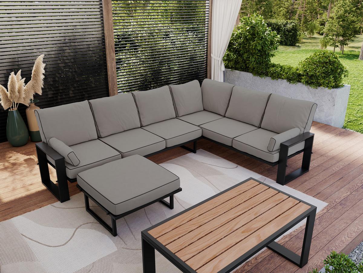 GARTENMÖBEL-SET ELBA: 1x Tisch, 1x Ecksofa, 1x Hocker - Grau - Grau, Textil - MKS