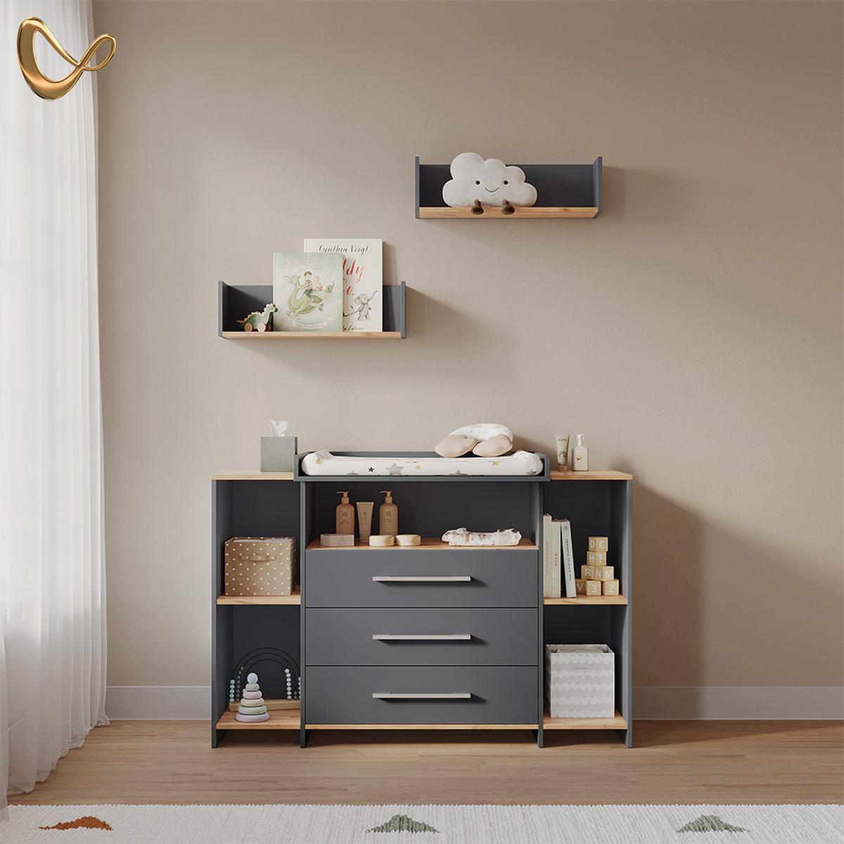 WICKELKOMMODE Torino Anthrazit/Goldkraft Eiche mit 3 Schubladen - Honigeiche/Anthrazit, Holzwerkstoff (143.2/93/53.1cm) - Livinity®