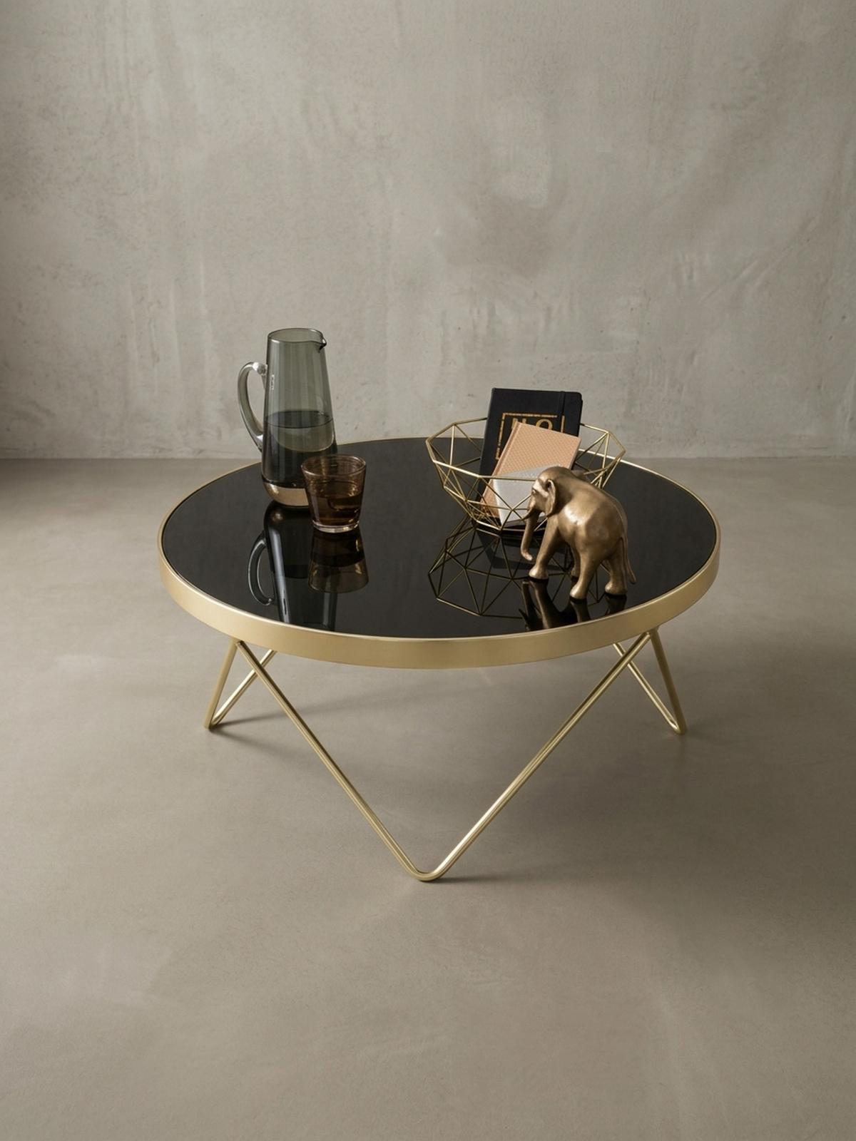 BEISTELLTISCH Schwarz Glasplatte Goldene Beine Retro-Stil 82cm Durchmesser - Goldfarben/Schwarz, Glas/Metall (82/82/39cm) - KADIMA DESIGN