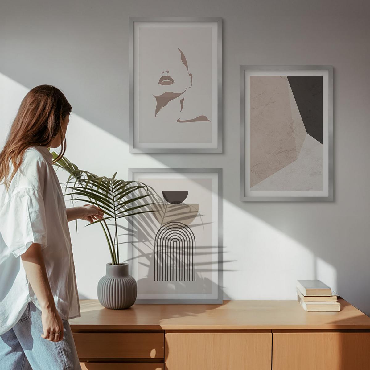 BILDER SET 3er Set - 40x60 cm Silberner Rahmen - Abstrakte Gesichtsformen - Silberfarben, Kunststoff (40/60cm) - TULUP