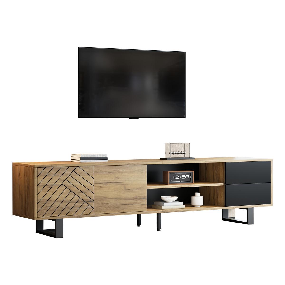 TV-LOWBOARD 180cm Holzoptik & Schwarz für 75-Zoll TV mit 2 Schubladen & Metallbeinen - Naturfarben, Holzwerkstoff (180/50/40cm) - Urban Meuble