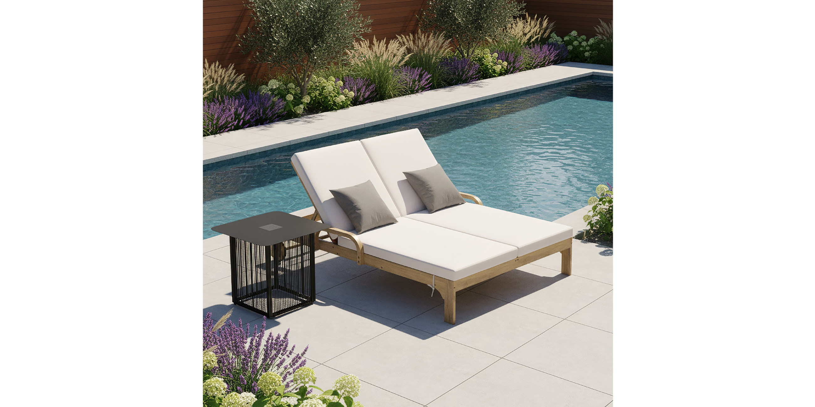 Beige Doppelliege, Gestell aus Holz, schwarzer Beistelltisch