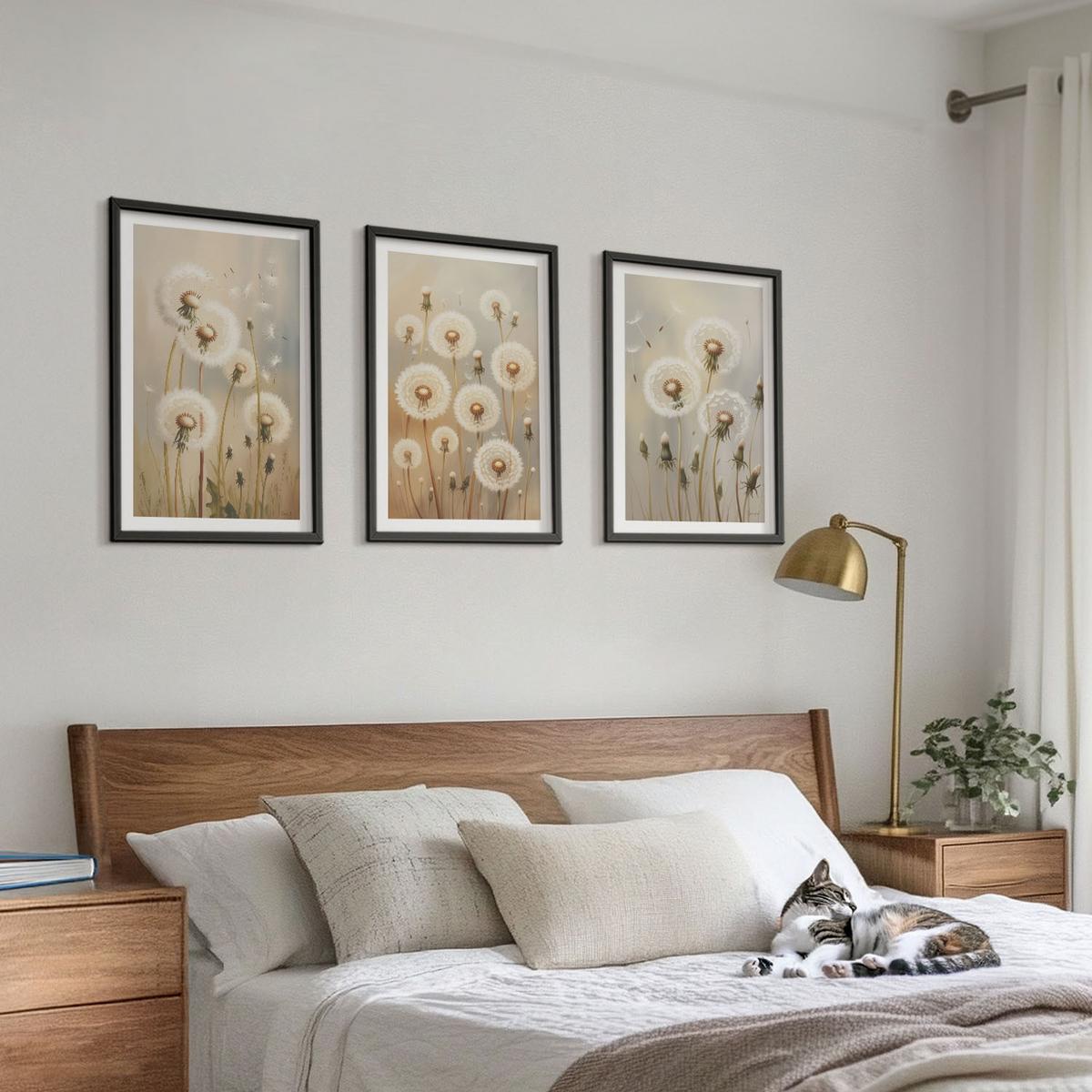 BILDER SET 3er Set - 40x60 cm Schwarzer Rahmen - Weiße Löwenzahnblüten auf hellem Hintergrund - Schwarz, Kunststoff (40/60cm) - TULUP