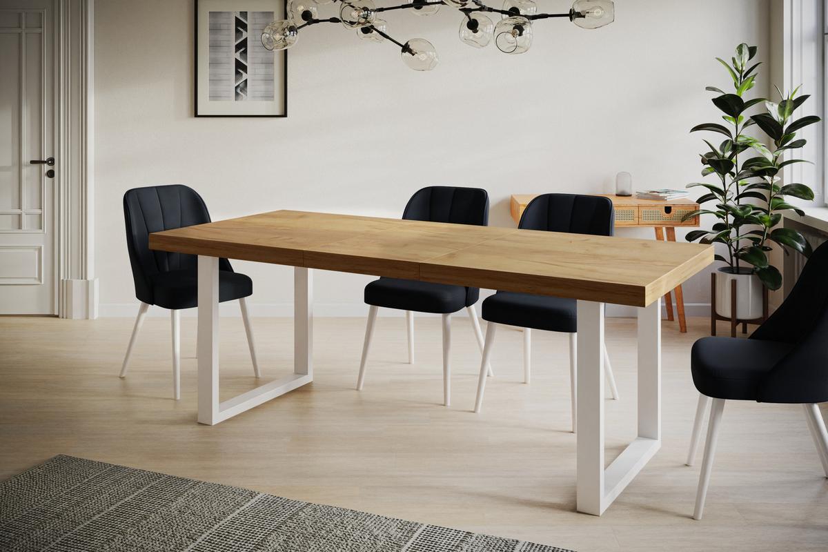 INDUSTRIELLER Esszimmertisch LOFT-U, ausziehbarer Tisch, Größe: 120-220X80X77 cm, Wohnzimmertisch Farbe: CRAFT, mit Metallbeinen in Farbe Weiß - Braun/Weiß, Holzwerkstoff (120/80/77cm) - Alpi-Möbel