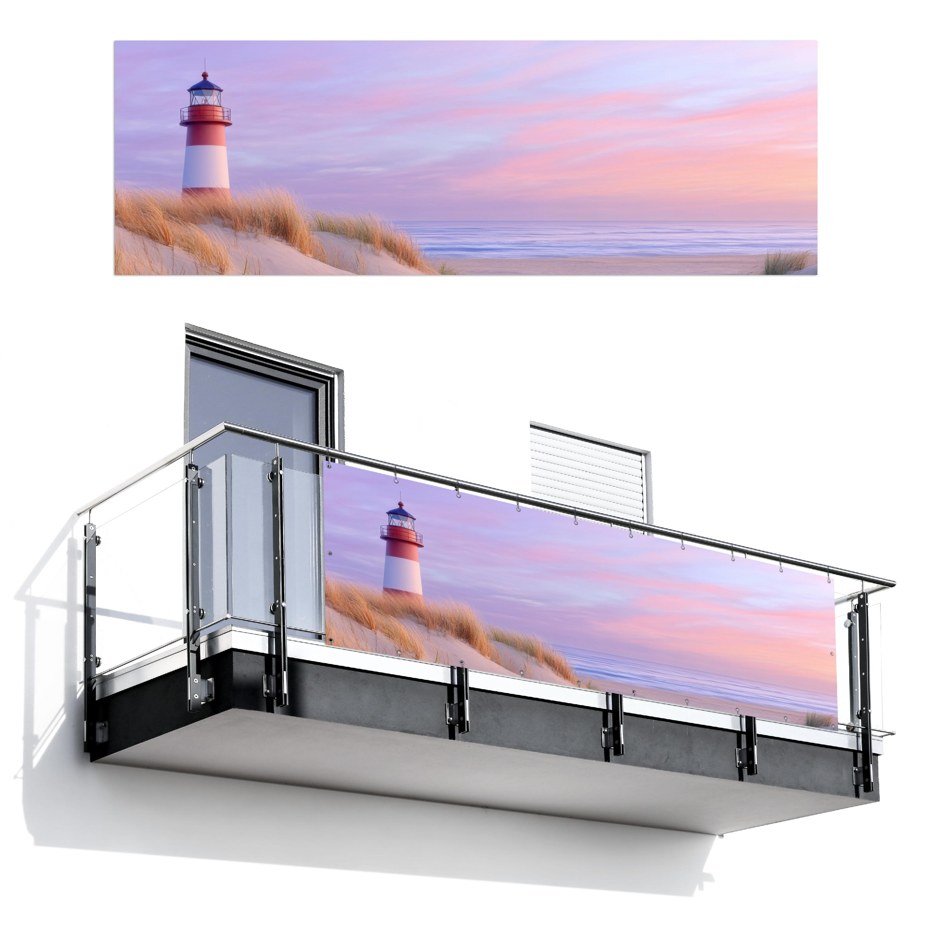 BALKON-SICHTSCHUTZ Leuchtturm - Dünen - Sonnenuntergang Windschutz 300x100 cm - Hellrosa, Kunststoff (300/100cm) - MuchoWow