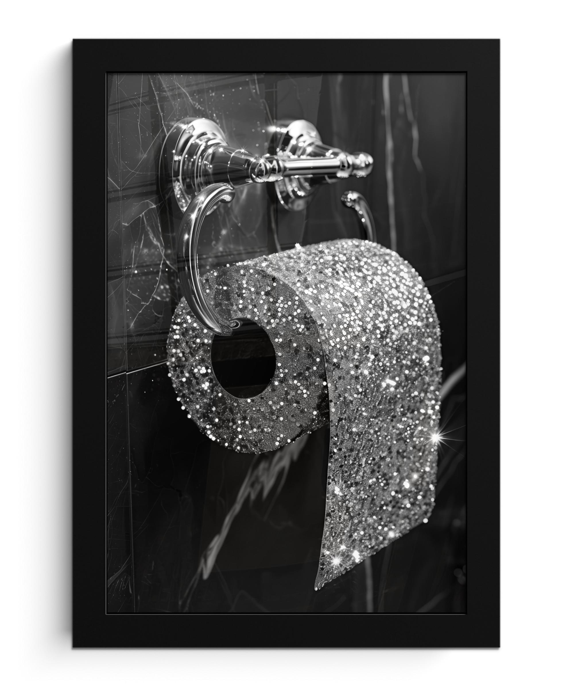 POSTER MIT RAHMEN WC - Toilettenpapier - Schwarz und weiß - Glitter Poster 20x30 cm - Silberfarben, Papier (20/30cm) - MuchoWow