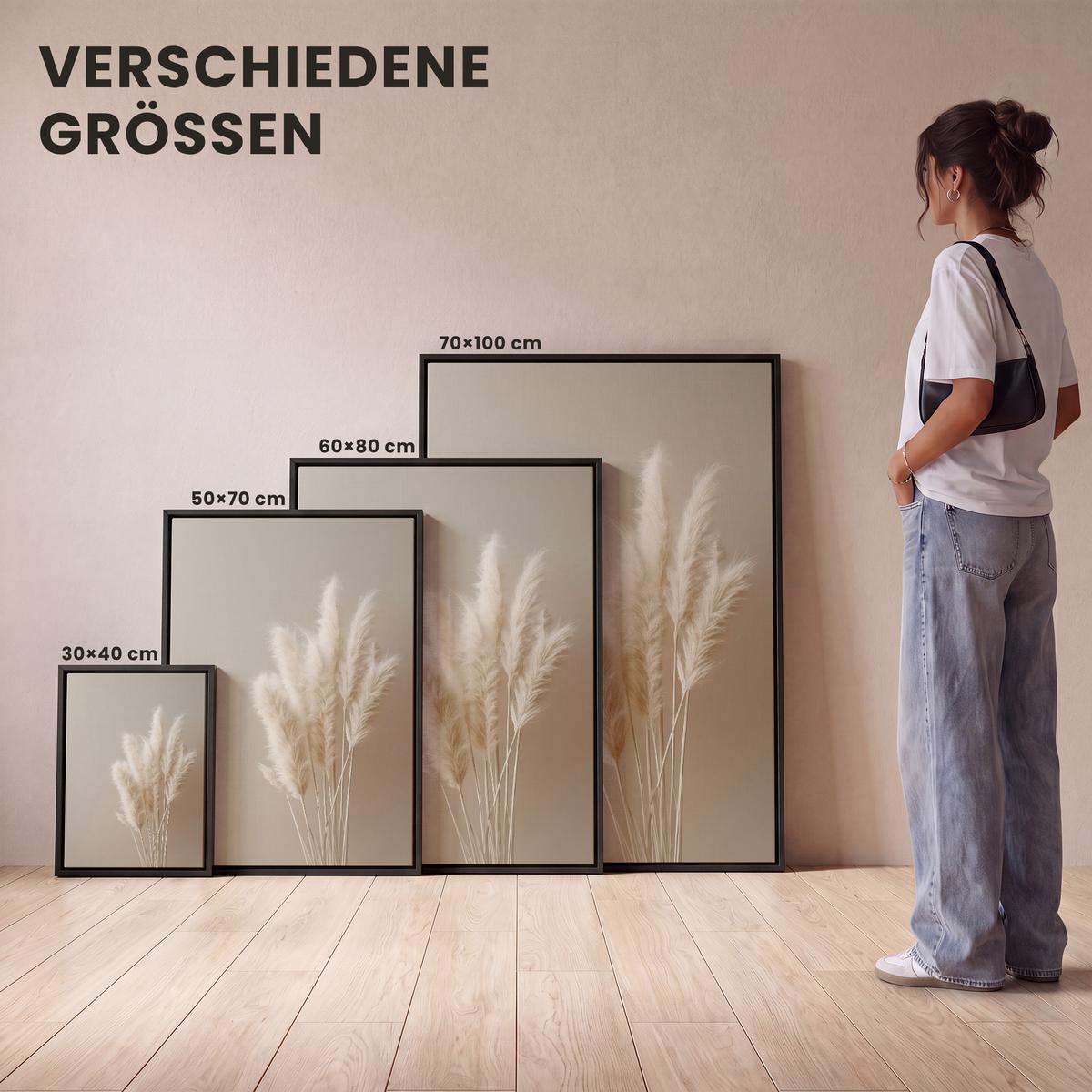 LEINWAND Bilder mit Rahmen - Pampasgras - Federn - Pastell - Weiß - 30x40 - Naturfarben, Textil (30/40cm) - MuchoWow