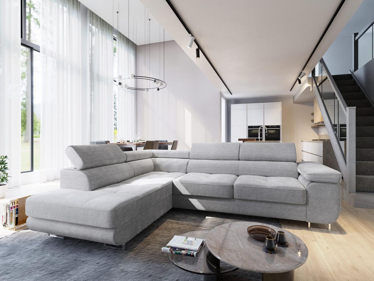 ECKSOFA APIRO L-S Hellgrau Kordstoff mit Schlaffunktion - Silberfarben/Hellgrau, Holz/Textil (276/202cm) - MASSENO