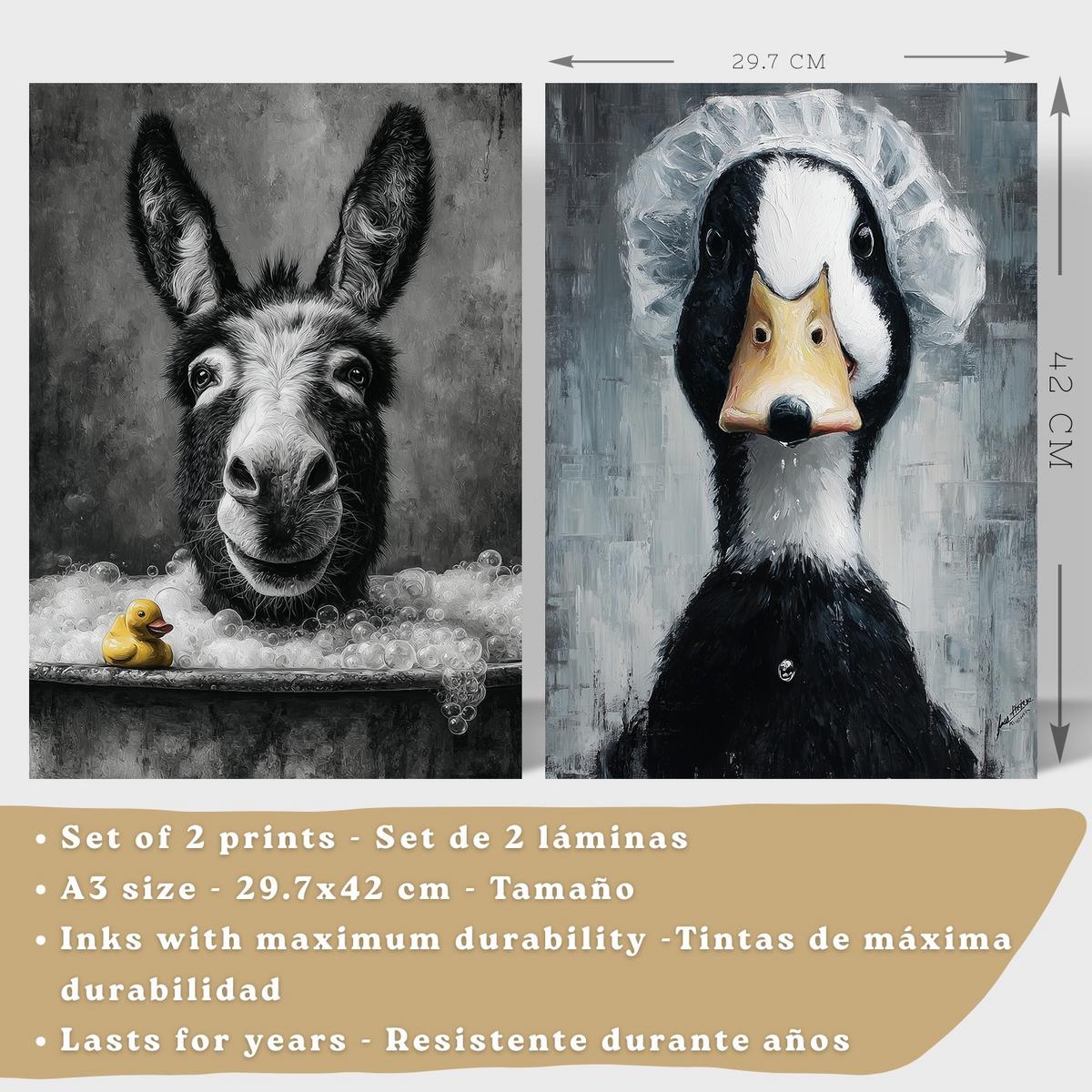 POSTER 2er-Set dekorative Badezimmer-Kunstdrucke, lustige für Wand, Waschbecken, Toilette und mit Tieren in der Badewanner, Stil Schwarzer Rahmen A3 - Schwarz, Papier (42/29.7/3cm) - Nacnic