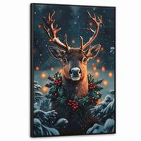 LEINWAND Bilder mit Rahmen - Hirsch - Weihnachten - Winter - Schnee - Weihnachtskranz - 80x120 - Dunkelbraun, Textil (80/120cm) - MuchoWow