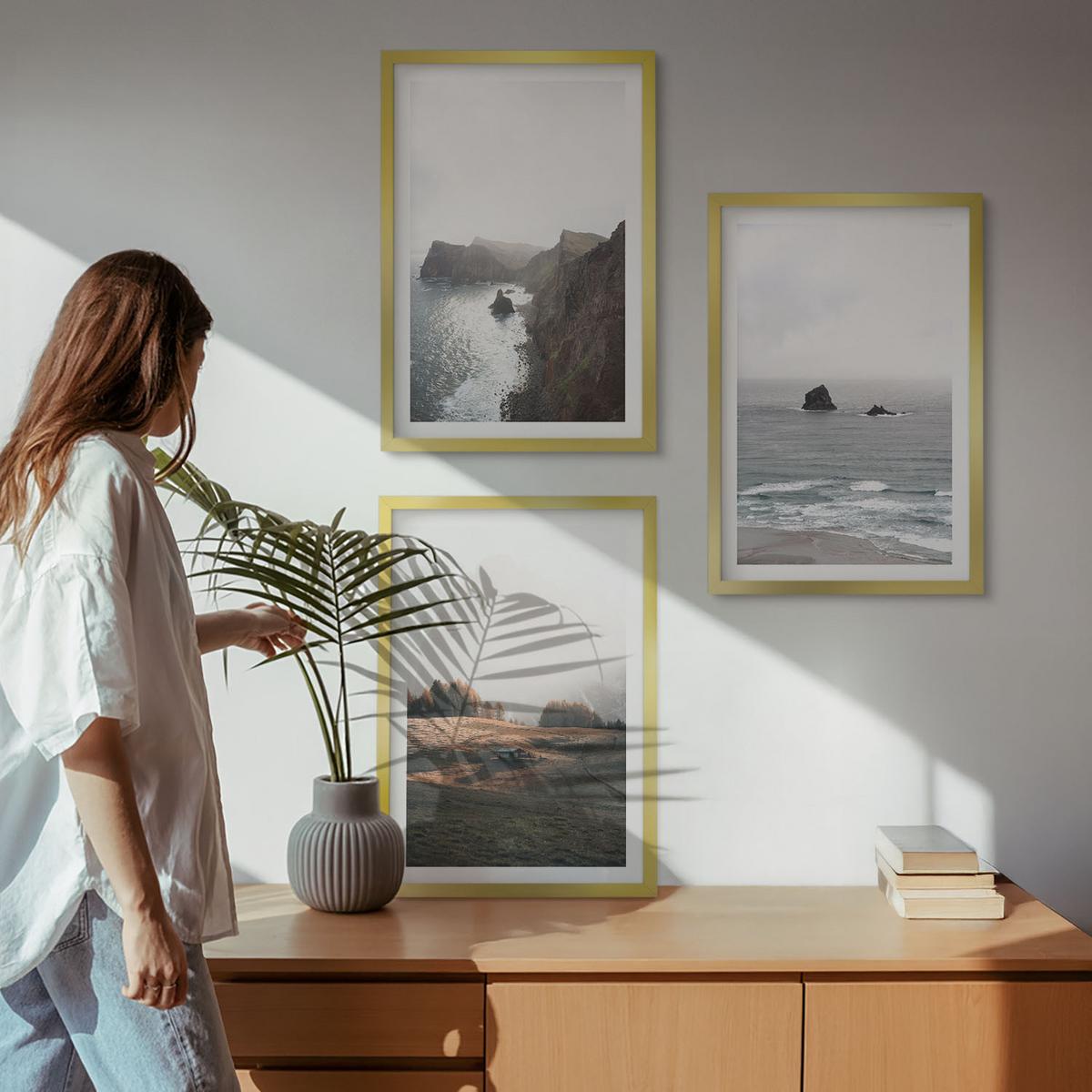 BILDER SET 3er Set - 40x60 cm Goldrahmen - Landschaften aus Bergen und Meer - Goldfarben, Kunststoff (40/60cm) - TULUP