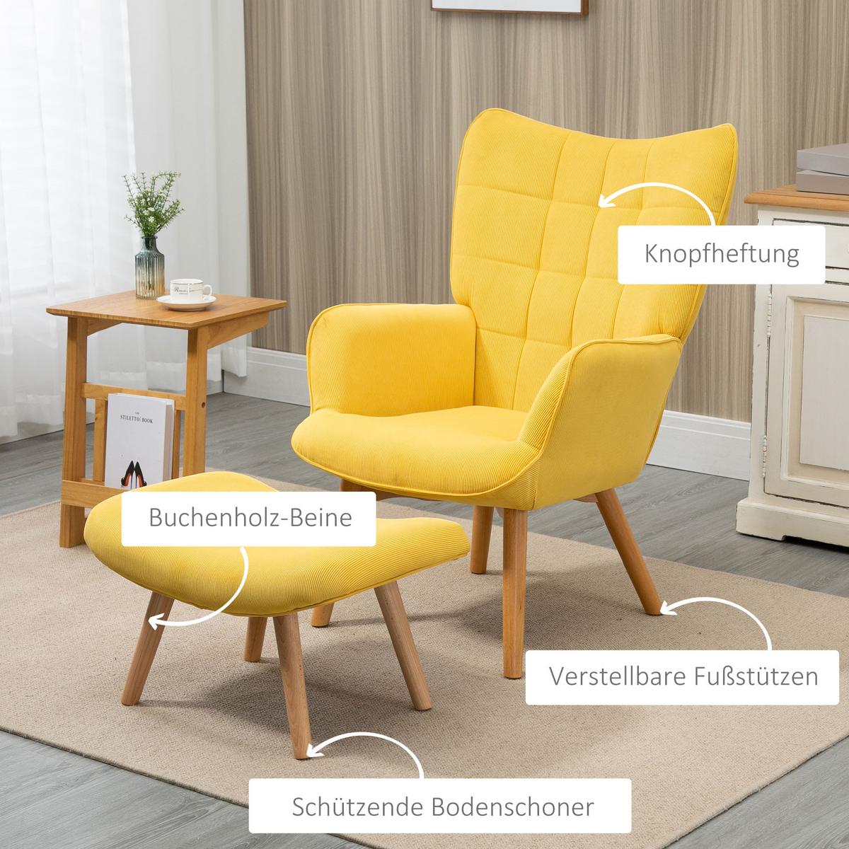 OHRENSESSEL mit Hocker, Relaxsessel, Polstersessel in Cord-Optik, mit Holzbeine - Gelb/Buchefarben, Holz/Buchenholz (80/101/72cm) - HOMCOM