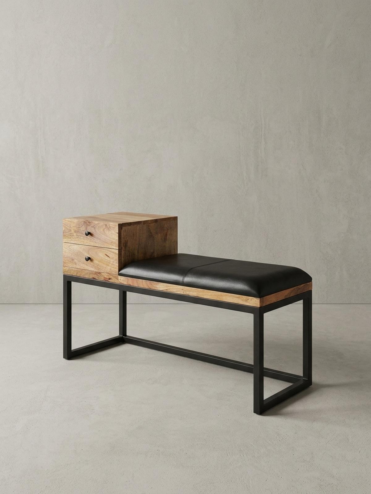 SITZBANK – Ziegenleder/Metall, Schubladen, Retro-Stil - Schwarz/Braun, Leder/Metall (100/60/35cm) - KADIMA DESIGN
