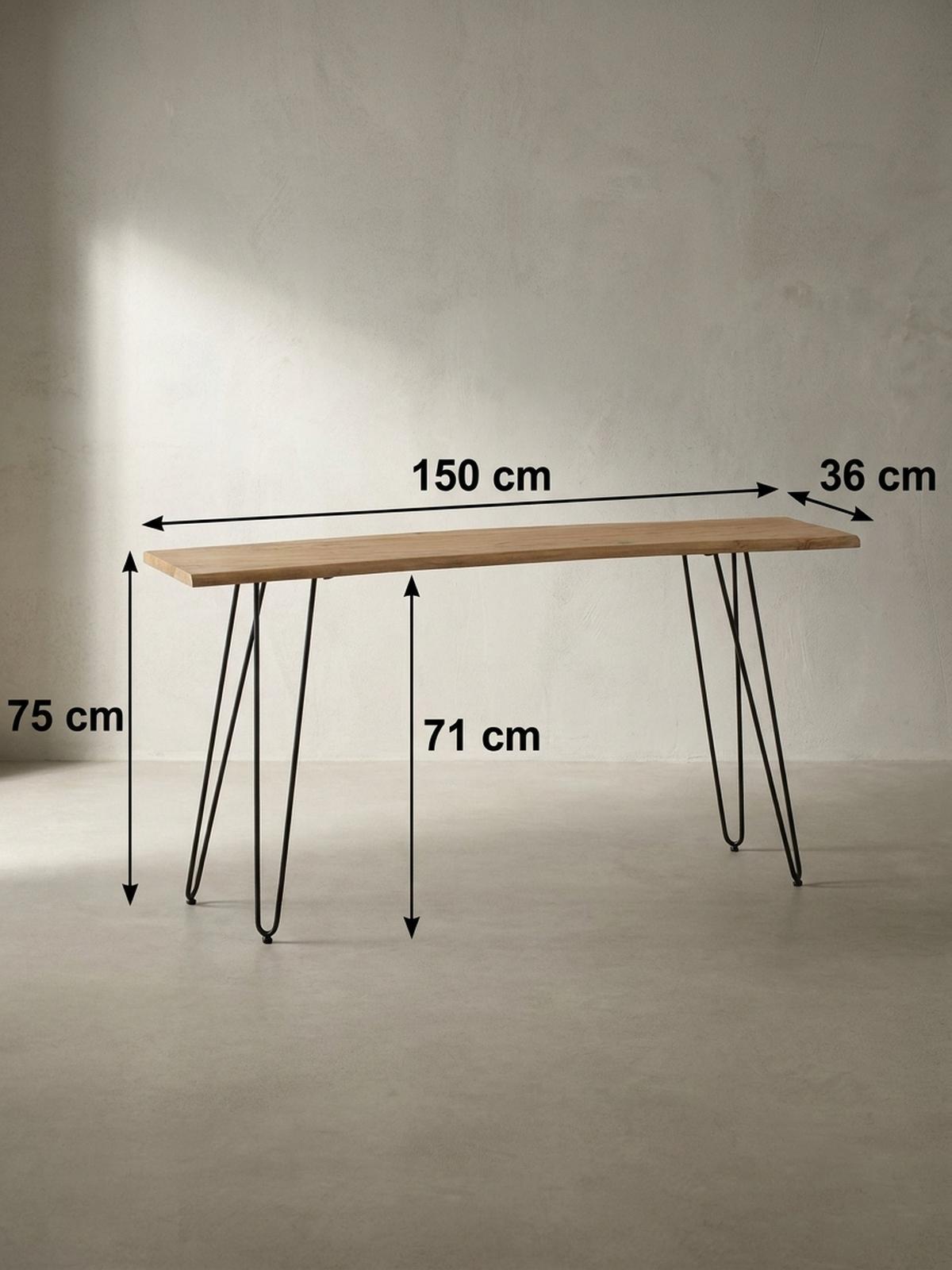 KONSOLENTISCH – Akazie Massivholz, 150x36x75 cm, mit Baumkante, Haarnadelbeine, Metallgestell - Schwarz/Akaziefarben, Holz/Metall (36/150/75cm) - KADIMA DESIGN