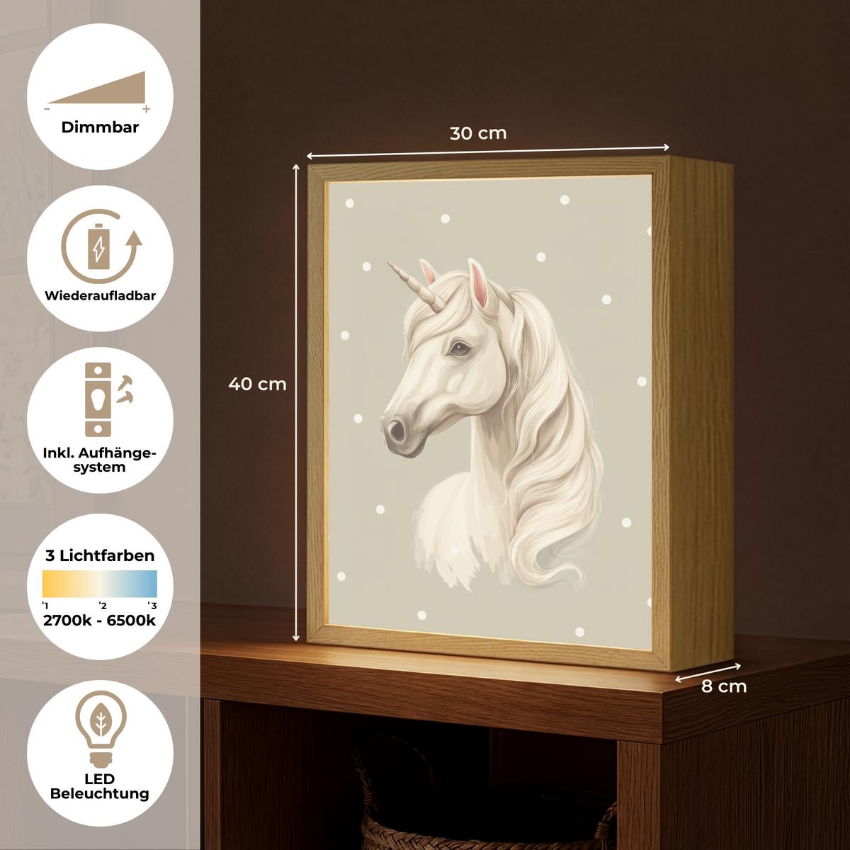 NACHTTISCHLAMPE MIT AKKU Einhorn - Weiß - Punkte 30x40 cm - Taupe, Holzwerkstoff (8/30/40cm) - OnlyWow