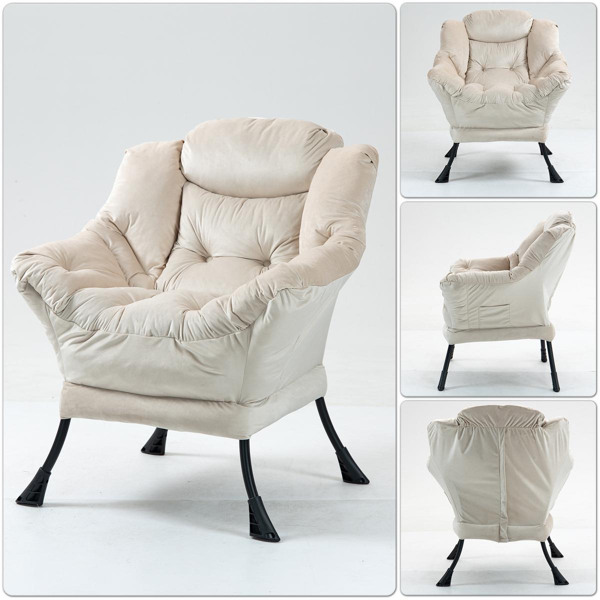 SESSEL aus samt und metall, mit kopfstütze und seitentasche - Sandfarben, Metall (75/85/80cm) - Urban Meuble