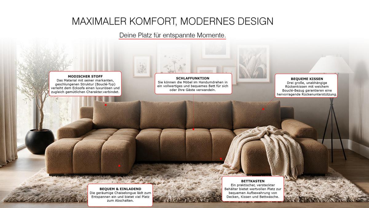 WOHNLANDSCHAFT OVIA U mit Bettkasten und Schlaffunktion, Bouclé-Stoff in U-Form - Braun, Textil (350/80/185cm)