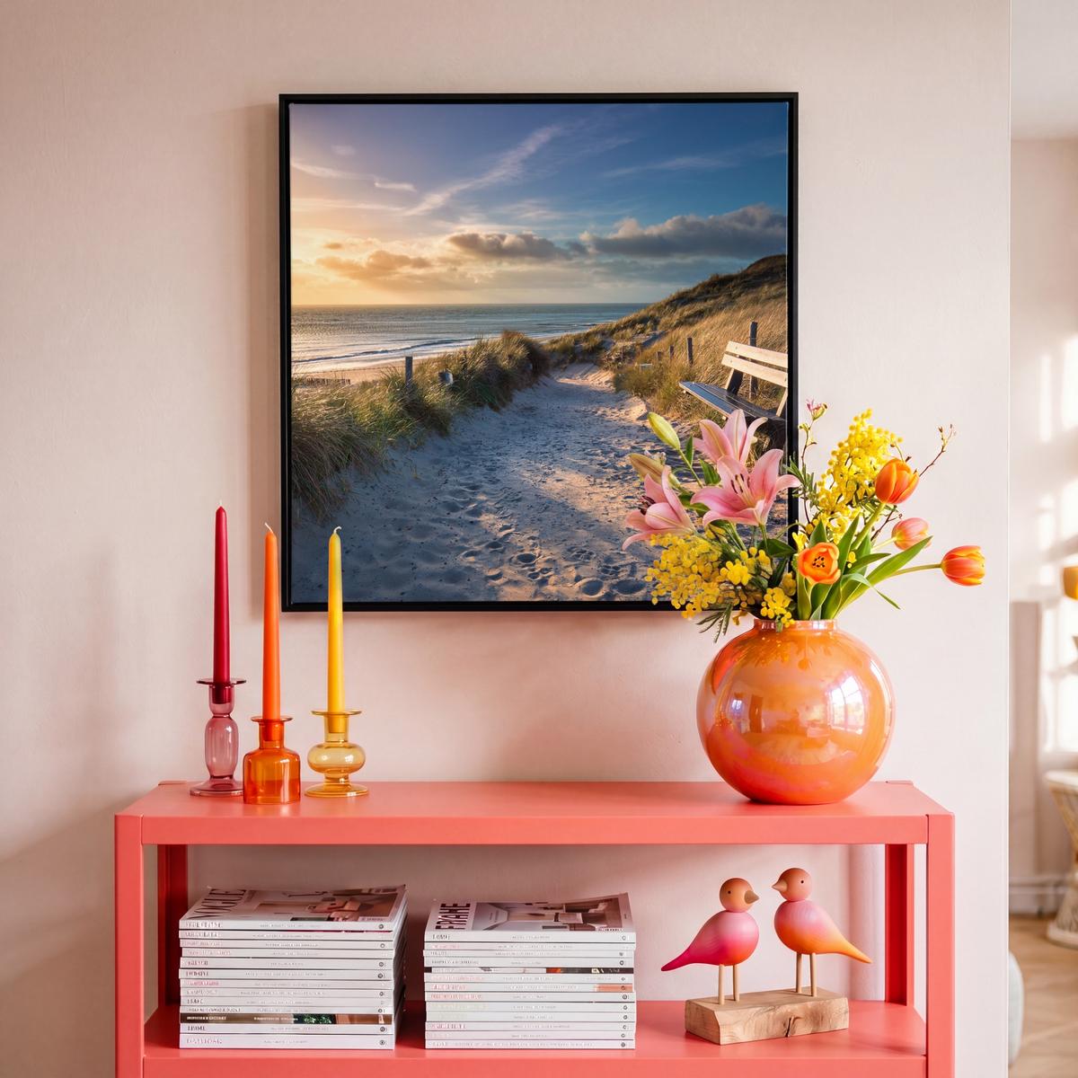 LEINWAND Bilder mit Rahmen - Sonnenuntergang - Strand - Düne - Gras - Ufer - 50x50 - Sandfarben, Textil (50/50cm) - MuchoWow