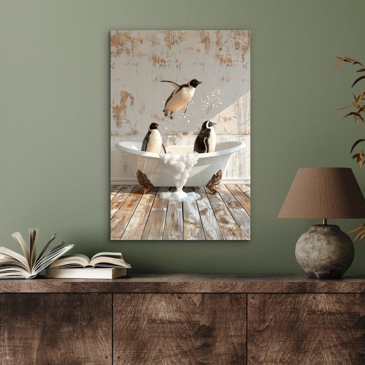 METALLBILD Vintage - Pinguin - Badewanne - Schaumstoff Deko Schlafzimmer 40x60 cm - Schwarz, Metall (40/60cm) - MuchoWow