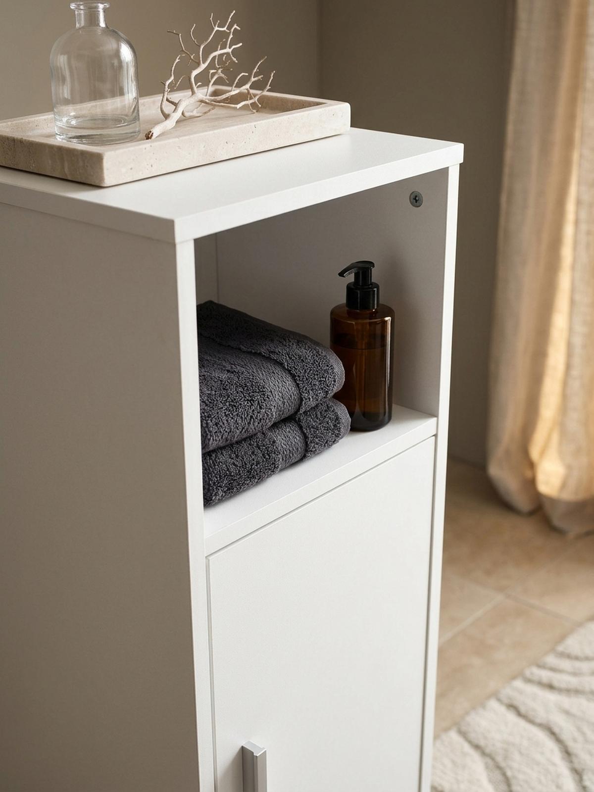 BADSCHRANK Weiß 30x95,5x30 cm aus Melamin mit kratzfester Oberfläche - Schwarz/Weiß, Holz/Metall (30/96/30cm) - KADIMA DESIGN