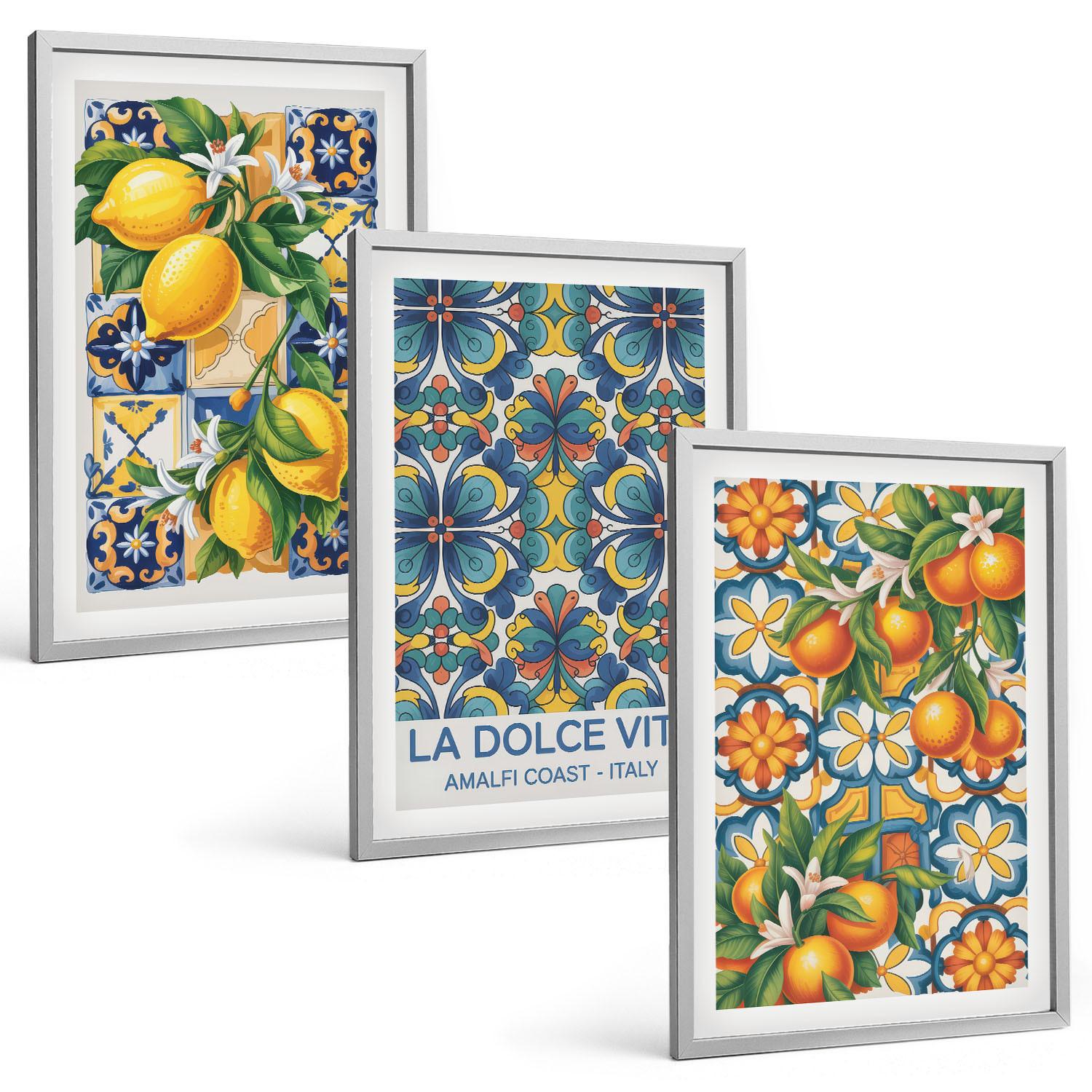 BILDER SET 3er Set - 40x60 cm Silberner Rahmen - Zitronen-Orangenblütenmuster - Silberfarben, Kunststoff (40/60cm) - TULUP