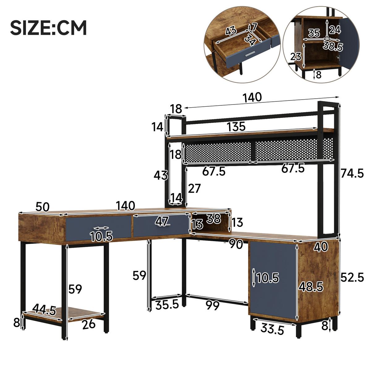 SCHREIBTISCH L-Form Industrie-Design mit Regal & Schrank 140x140cm - Schwarz/Naturfarben, Holzwerkstoff (140/140/135cm) - Urban Meuble