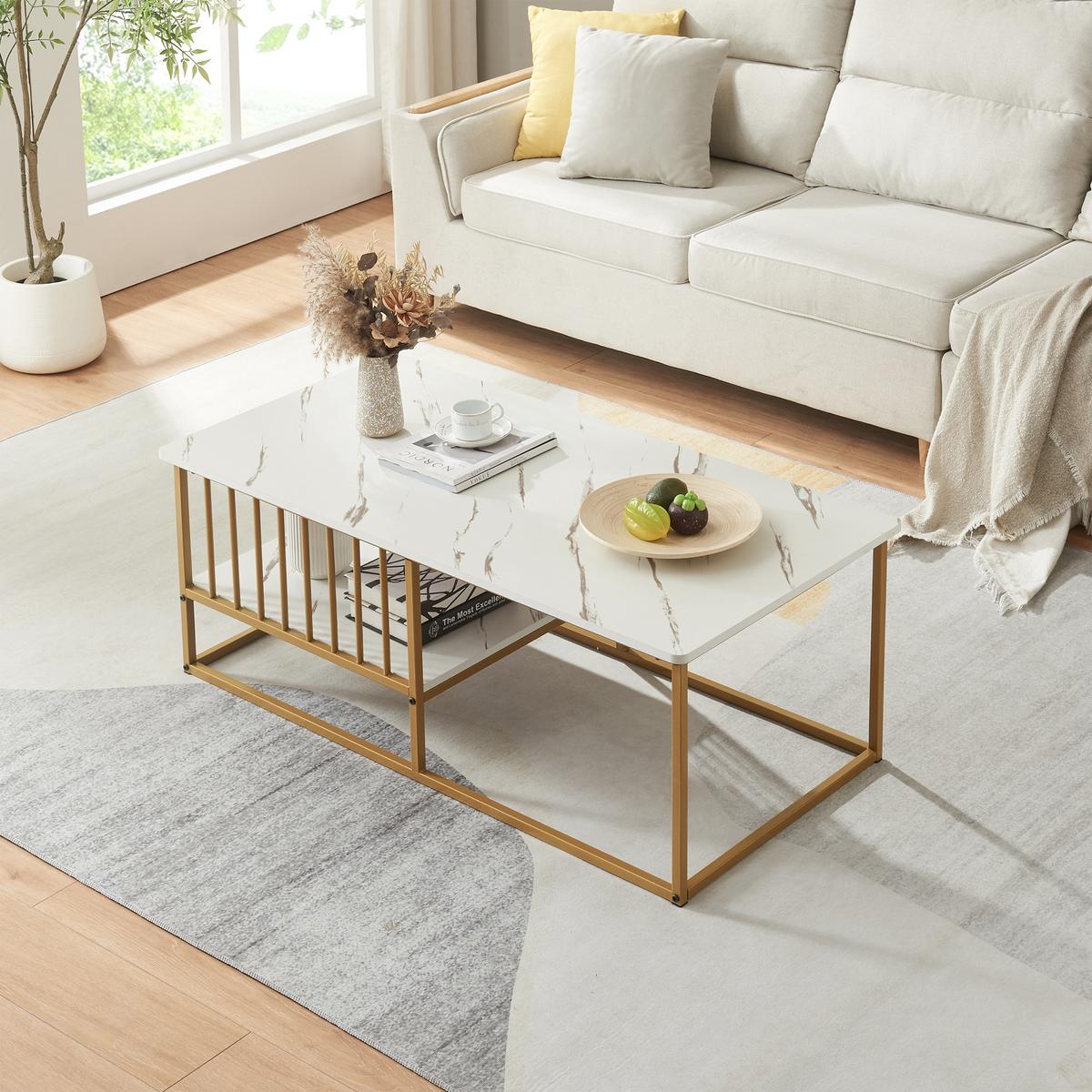 COUCHTISCH Raukurg 120/60/44 cm - Goldfarben/Weiß, Holzwerkstoff/Metall (60/120/44cm) - [en.casa]