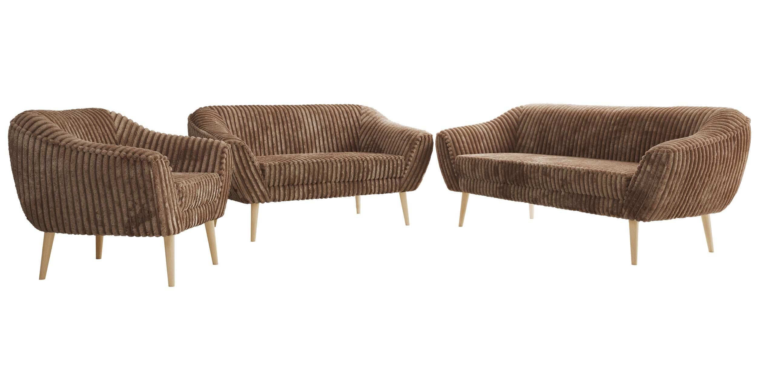 SITZGARNITUR PIRS 3+2+1 - Braun Cord - Holzbeine - Buchefarben/Braun, Holzwerkstoff/Textil (180/75/74cm) - MKS