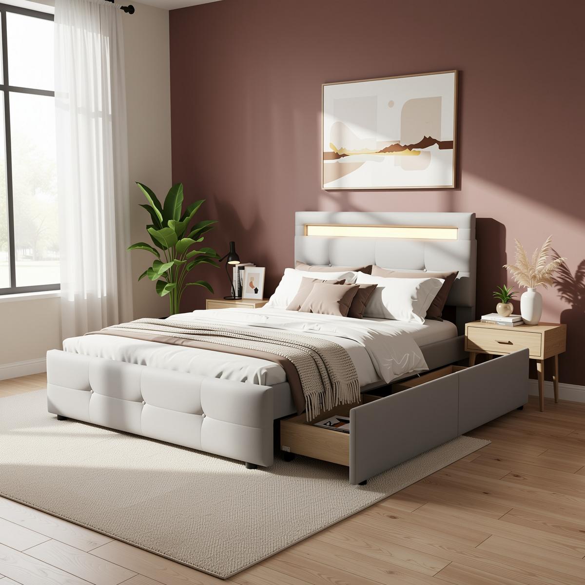 POLSTERBETT 90x200 cm in Leinen-Optik Grau mit LED-Beleuchtung & 2 Schubladen - Grau, Textil (90/200cm) - Urban Meuble