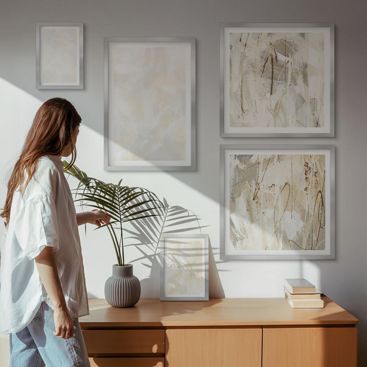 BILDER SET 5er Set - 50x50 cm & 20x30 cm & 40x60 cm Silberner Rahmen - Helles Strukturfarbendesign - Silberfarben, Kunststoff (40/60cm) - TULUP