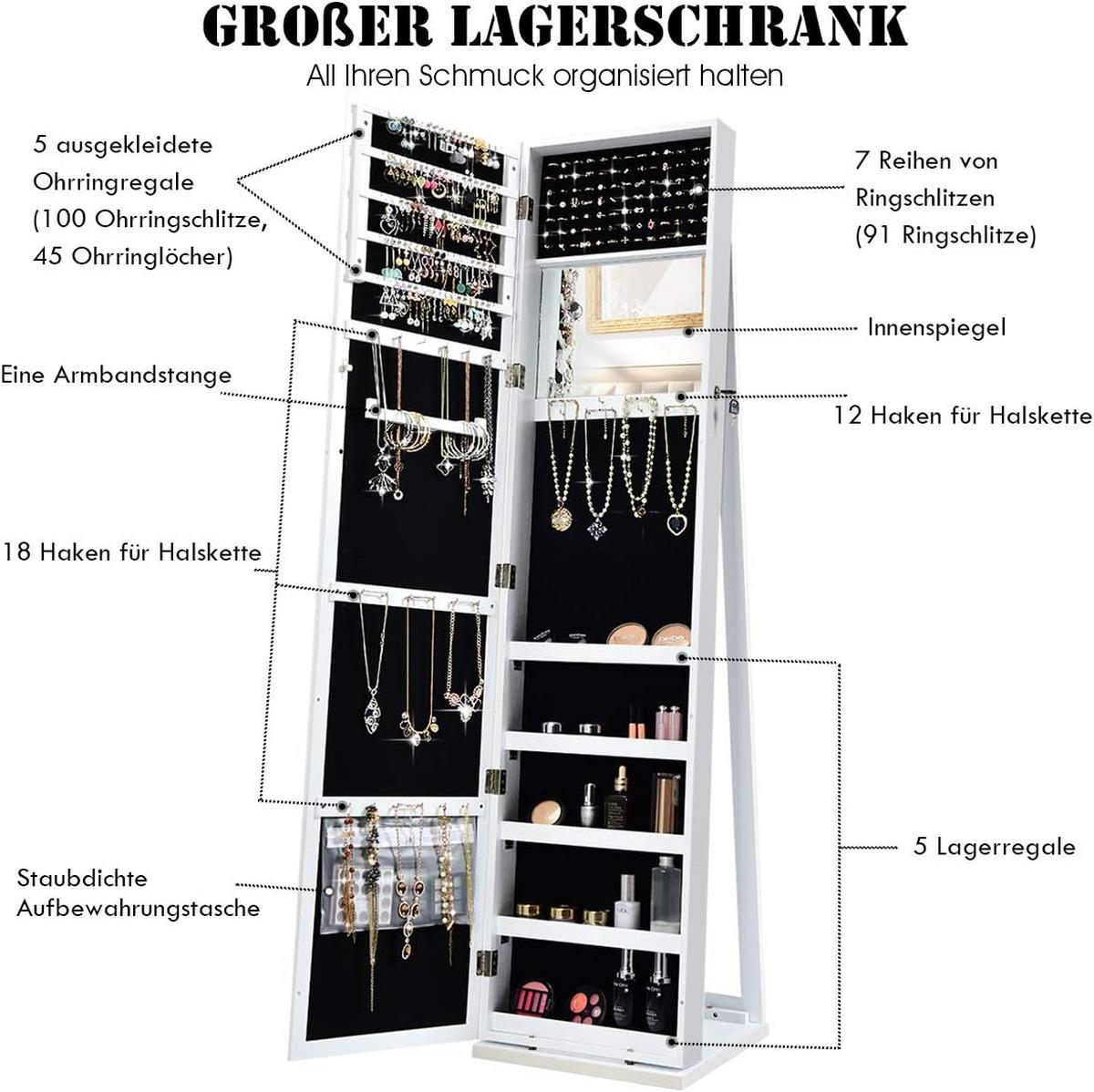 SCHMUCKSCHRANK 157cm Weiß - Weiß, Holz (38/157/37cm) - COSTWAY