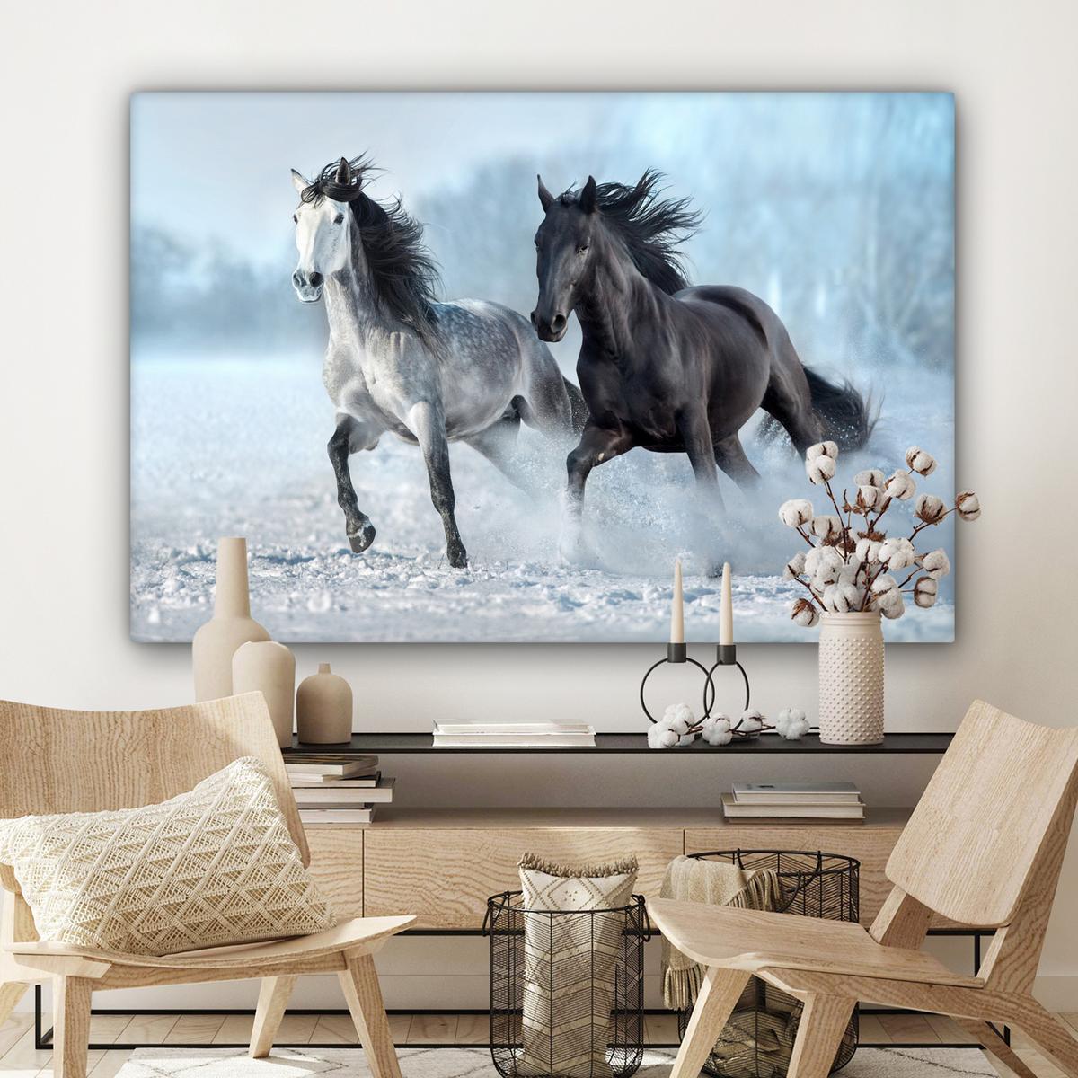 LEINWANDBILD Pferde - Winter - Tiere - Natur - Schnee Groß 140x90 cm - Anthrazit, Textil (140/90cm) - MuchoWow