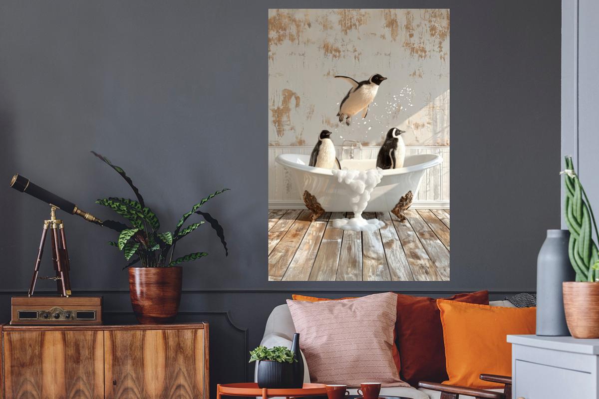 WANDTATTOO Vintage - Pinguin - Badewanne - Schaumstoff Wandaufkleber 80x120 cm - Schwarz, Kunststoff (80/120/0.1cm) - MuchoWow