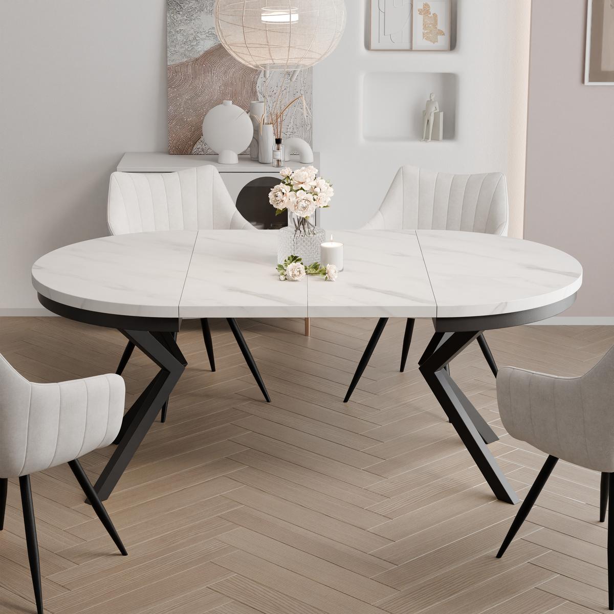 AUSZIEHTISCH MILTON 90-166/76 cm mit Metallgestell und Zarge, Schwarz / Bianco Marmor - Perlmutt/Schwarz, Holzwerkstoff/Metall (90/90/76cm) - Idohome